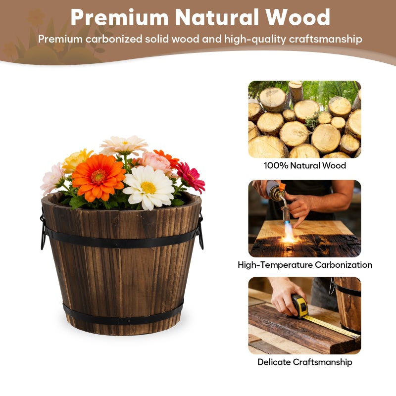 HAKKART Wooden Barrel Planters, 8 inch 7 inch Plant Pot with Drainage Holes for Indoor Plants Decor, Set of 2 - Image 3